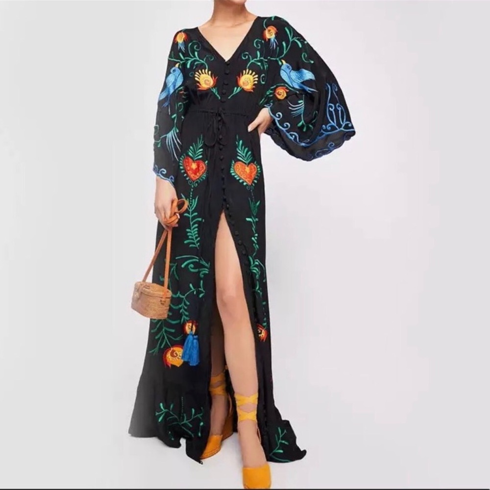 Bohemian Embroidered Black Hearts Magic Long Maxi Gown In Black 5 Star ⭐️ Fav
